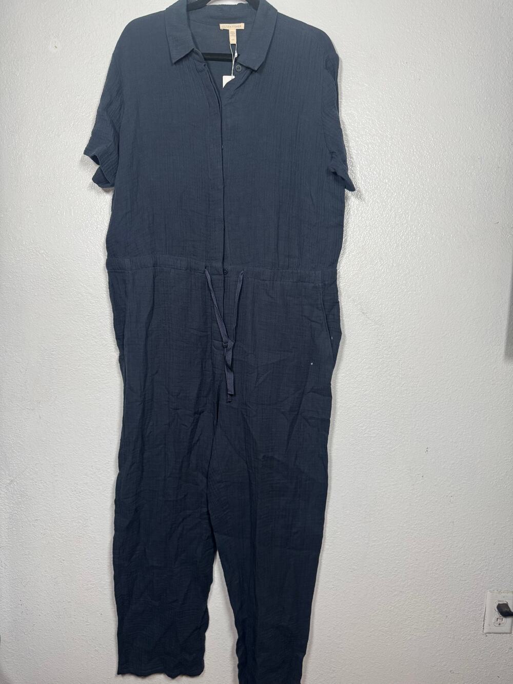 New Eileen Fisher Cotton Lofty Gauze Jumpsuit Navy Blue Sz M Drawstring